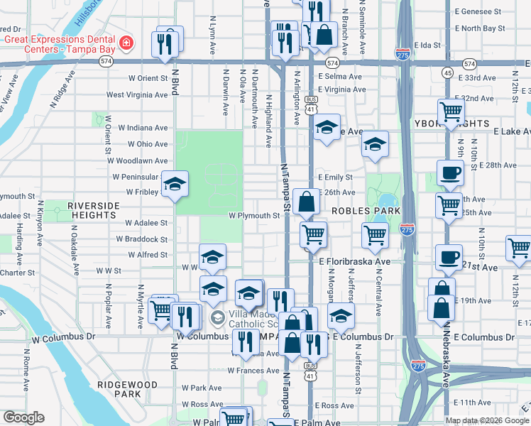 map of restaurants, bars, coffee shops, grocery stores, and more near 119 West Plymouth Street in Tampa