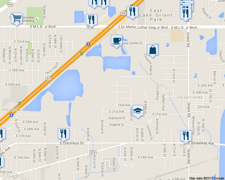 map of restaurants, bars, coffee shops, grocery stores, and more near 6417 East 26th Avenue in Tampa