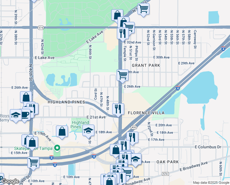 map of restaurants, bars, coffee shops, grocery stores, and more near 3213 North 49th Street in Tampa