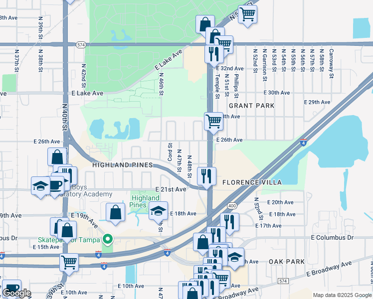 map of restaurants, bars, coffee shops, grocery stores, and more near 3225 North 47th Street in Tampa