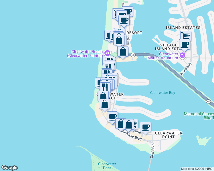map of restaurants, bars, coffee shops, grocery stores, and more near 300 Coronado Drive in Clearwater