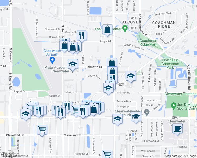 map of restaurants, bars, coffee shops, grocery stores, and more near 786 Lantern Way in Clearwater