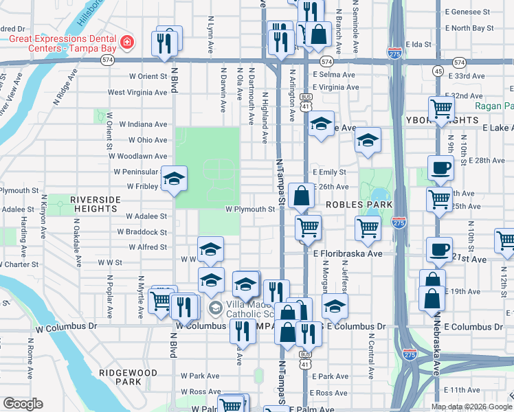 map of restaurants, bars, coffee shops, grocery stores, and more near 119 West Plymouth Street in Tampa