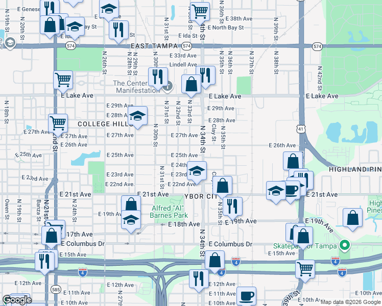 map of restaurants, bars, coffee shops, grocery stores, and more near 3301 North 33rd Street in Tampa