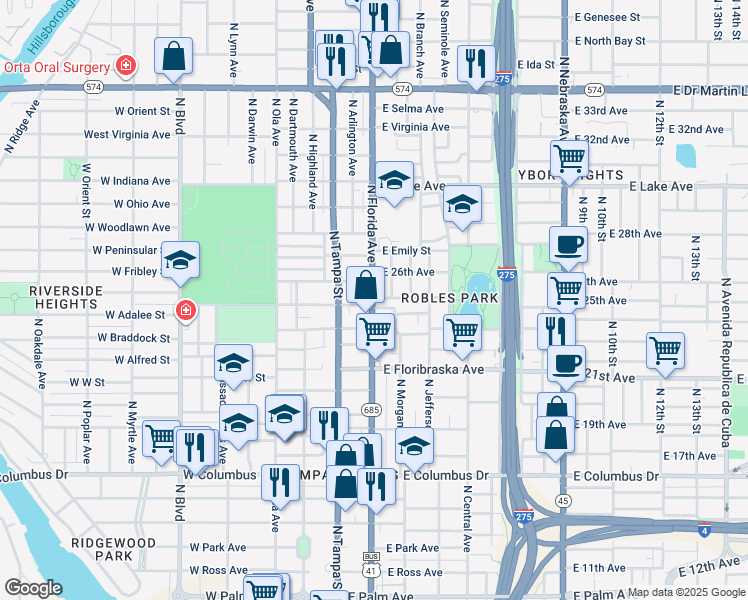 map of restaurants, bars, coffee shops, grocery stores, and more near 3203 U.S. 41 Business in Tampa