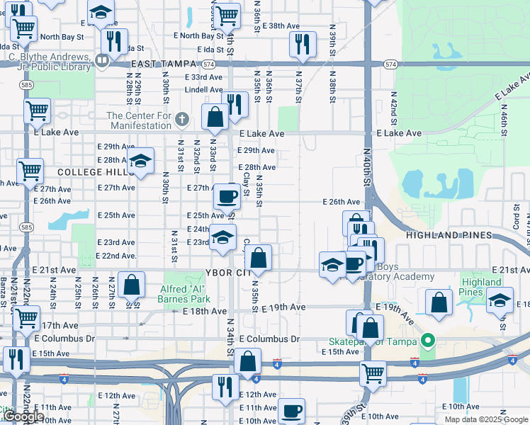 map of restaurants, bars, coffee shops, grocery stores, and more near 3502 East 25th Avenue in Tampa