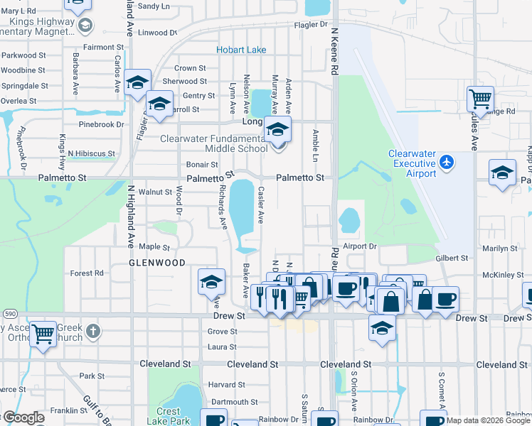 map of restaurants, bars, coffee shops, grocery stores, and more near 711 Casler Avenue in Clearwater