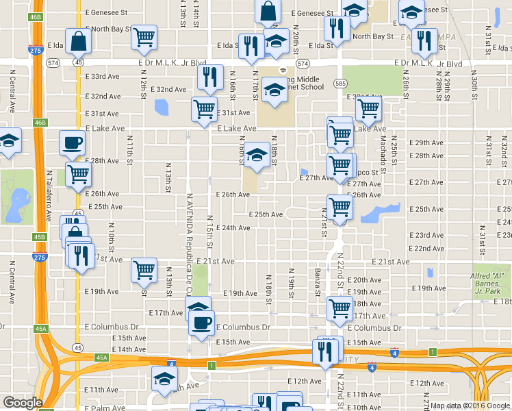 map of restaurants, bars, coffee shops, grocery stores, and more near 33068 North 17th Street in Tampa
