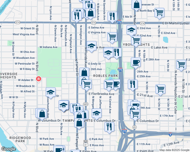 map of restaurants, bars, coffee shops, grocery stores, and more near 309 East Janette Avenue in Tampa