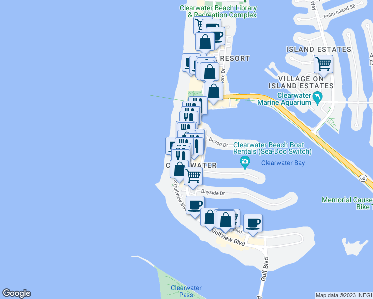 map of restaurants, bars, coffee shops, grocery stores, and more near 300 Coronado Drive in Clearwater
