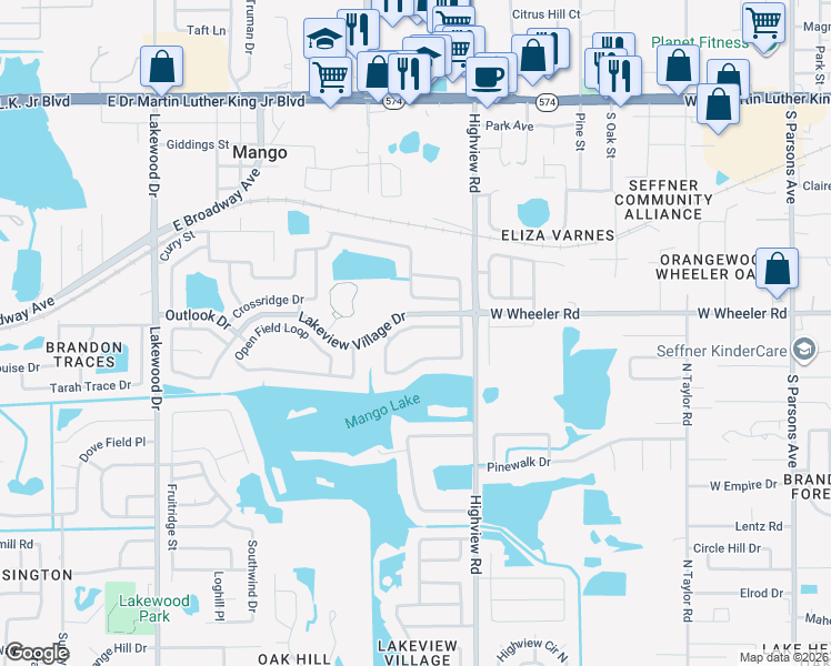 map of restaurants, bars, coffee shops, grocery stores, and more near 1121 Vinetree Drive in Brandon