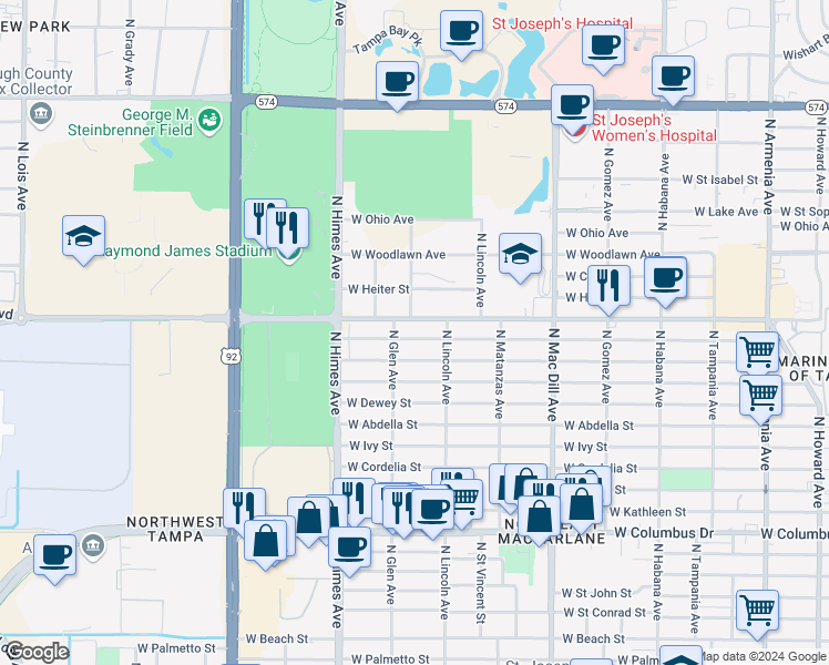 map of restaurants, bars, coffee shops, grocery stores, and more near 3315 West Douglas Street in Tampa