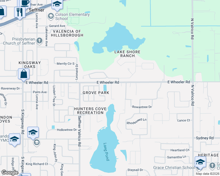 map of restaurants, bars, coffee shops, grocery stores, and more near 1101 East Wheeler Road in Seffner