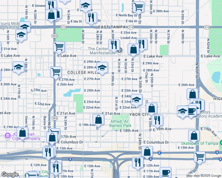 map of restaurants, bars, coffee shops, grocery stores, and more near 2918 E 25th Ave in Tampa