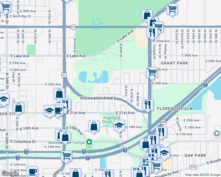 map of restaurants, bars, coffee shops, grocery stores, and more near 3207 North 45th Street in Tampa