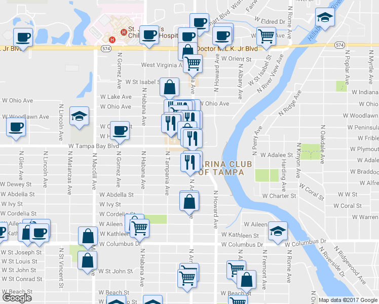 map of restaurants, bars, coffee shops, grocery stores, and more near 3906 North Armenia Avenue in Tampa