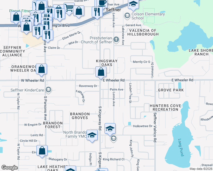 map of restaurants, bars, coffee shops, grocery stores, and more near 2409 Giddens Avenue in Seffner