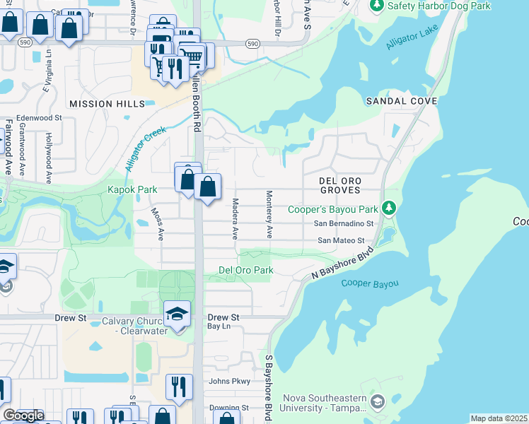 map of restaurants, bars, coffee shops, grocery stores, and more near 3181 San Pedro Street in Clearwater