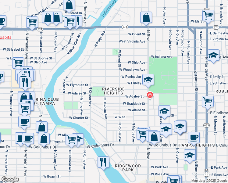 map of restaurants, bars, coffee shops, grocery stores, and more near 916 West Plymouth Street in Tampa