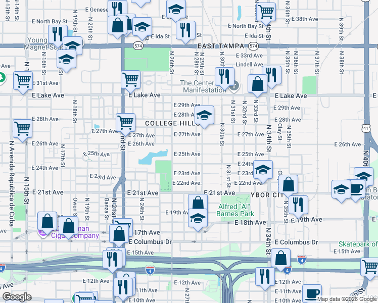 map of restaurants, bars, coffee shops, grocery stores, and more near 2704 East 25th Avenue in Tampa