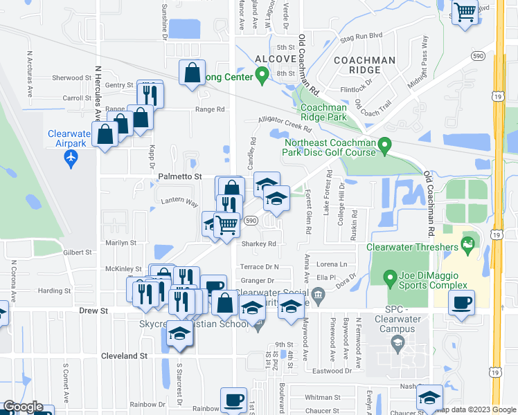 map of restaurants, bars, coffee shops, grocery stores, and more near 2228 NE Coachman Rd in Clearwater