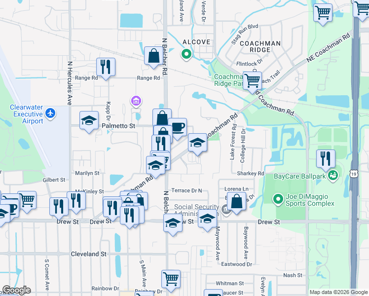 map of restaurants, bars, coffee shops, grocery stores, and more near 2228 Northeast Coachman Road in Clearwater