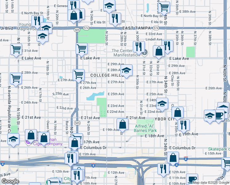 map of restaurants, bars, coffee shops, grocery stores, and more near 2704 East 25th Avenue in Tampa