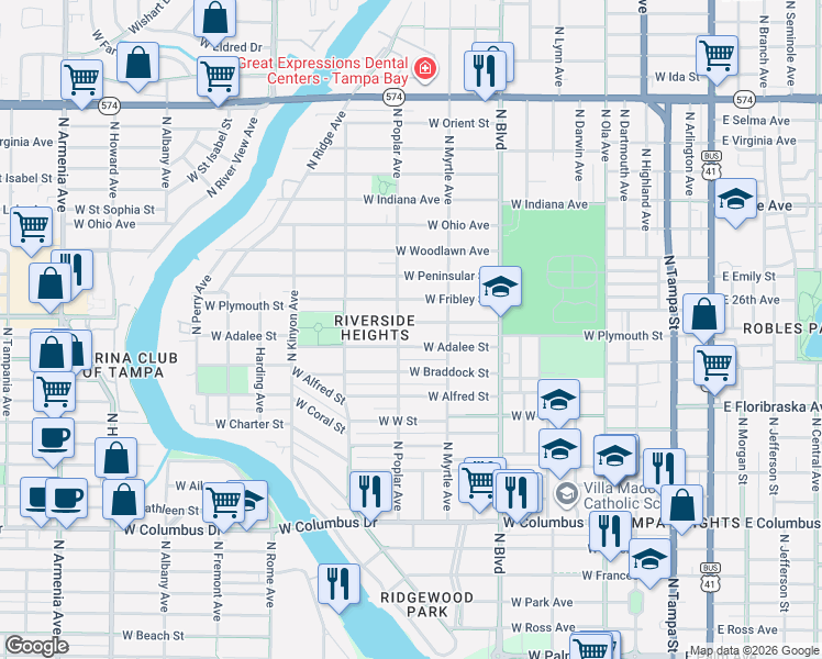 map of restaurants, bars, coffee shops, grocery stores, and more near 822 West Plymouth Street in Tampa