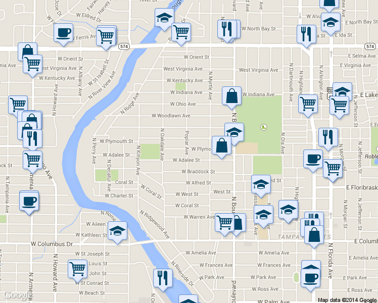 map of restaurants, bars, coffee shops, grocery stores, and more near 822 W Plymouth St in Tampa