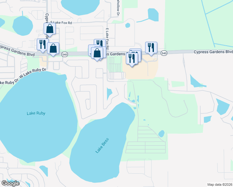 map of restaurants, bars, coffee shops, grocery stores, and more near 7379 Bent Grass Drive in Winter Haven