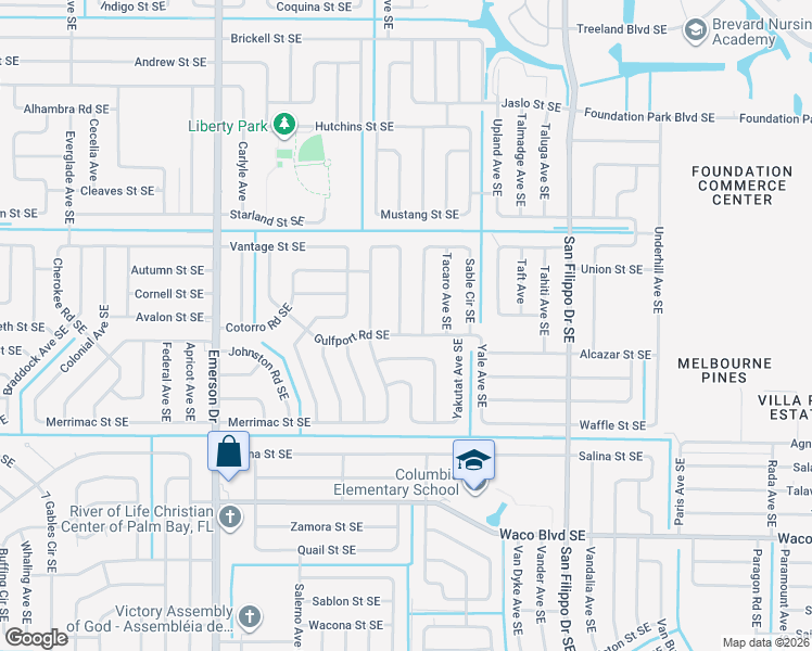 map of restaurants, bars, coffee shops, grocery stores, and more near 1074 Gulfport Road Southeast in Palm Bay