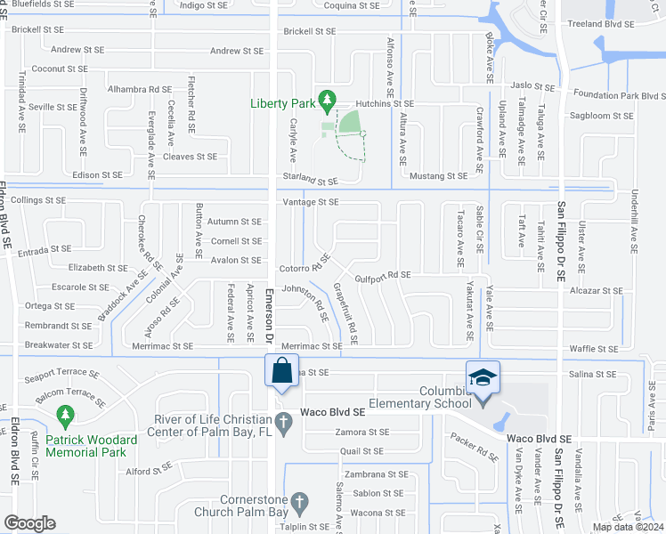 map of restaurants, bars, coffee shops, grocery stores, and more near 978 Gulfport Road Southeast in Palm Bay