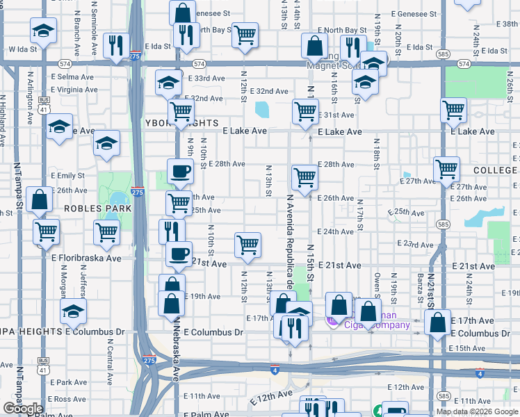 map of restaurants, bars, coffee shops, grocery stores, and more near 1214 East 25th Avenue in Tampa