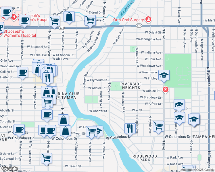 map of restaurants, bars, coffee shops, grocery stores, and more near 1101 West Adalee Street in Tampa