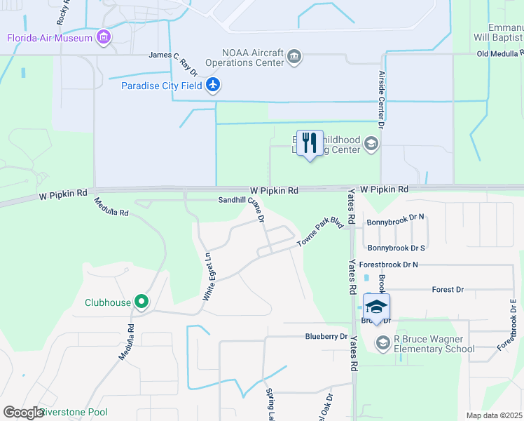 map of restaurants, bars, coffee shops, grocery stores, and more near 3681 Sandhill Crane Drive in Lakeland