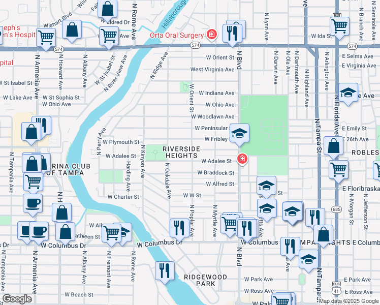 map of restaurants, bars, coffee shops, grocery stores, and more near 822 West Plymouth Street in Tampa