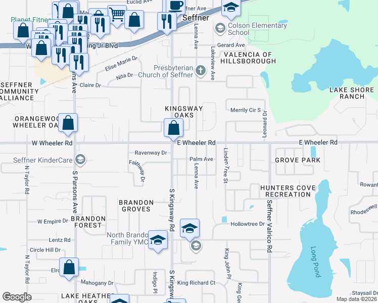 map of restaurants, bars, coffee shops, grocery stores, and more near 2409 Giddens Avenue in Seffner
