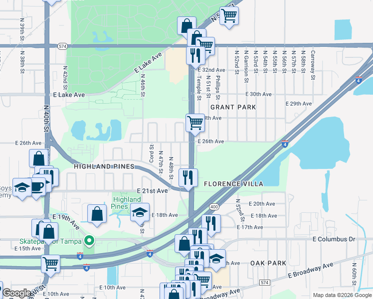 map of restaurants, bars, coffee shops, grocery stores, and more near 3213 North 49th Street in Tampa