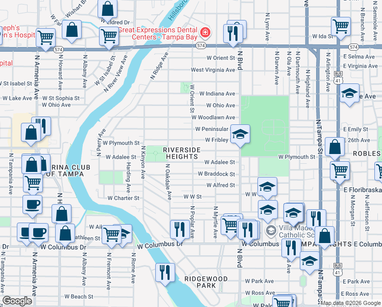 map of restaurants, bars, coffee shops, grocery stores, and more near 822 West Plymouth Street in Tampa