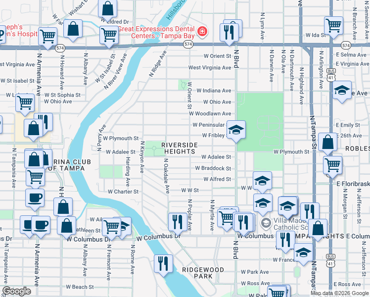 map of restaurants, bars, coffee shops, grocery stores, and more near 822 West Plymouth Street in Tampa