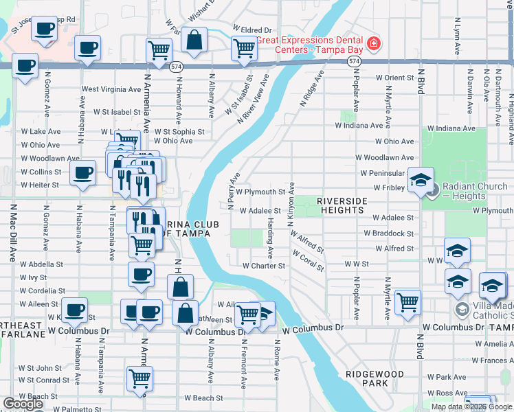 map of restaurants, bars, coffee shops, grocery stores, and more near 1203 West Adalee Street in Tampa