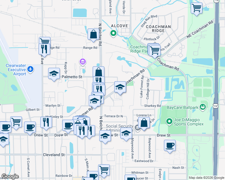 map of restaurants, bars, coffee shops, grocery stores, and more near 2228 Northeast Coachman Road in Clearwater