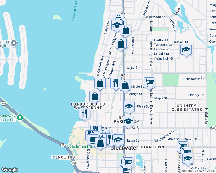 map of restaurants, bars, coffee shops, grocery stores, and more near 609 Seminole Street in Clearwater