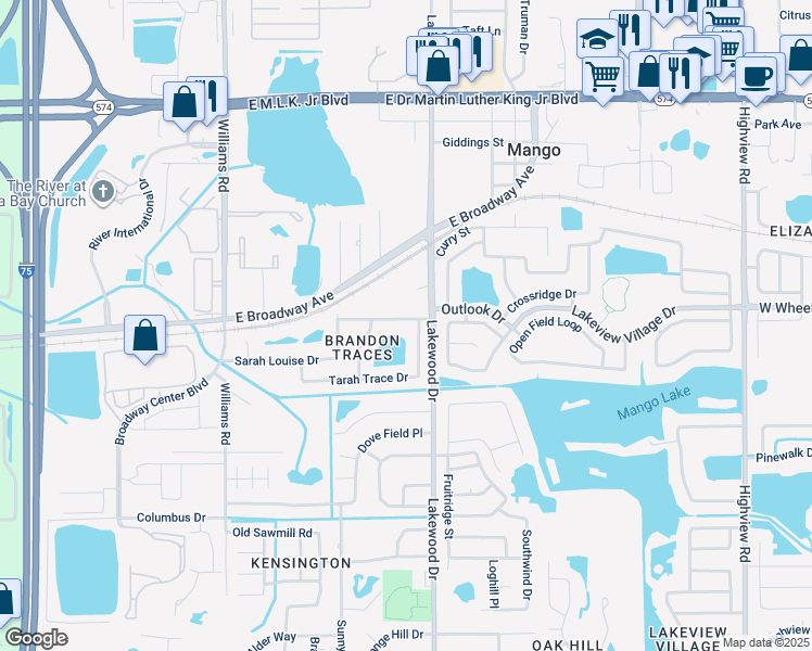 map of restaurants, bars, coffee shops, grocery stores, and more near 1703 Tarah Trace Drive in Brandon