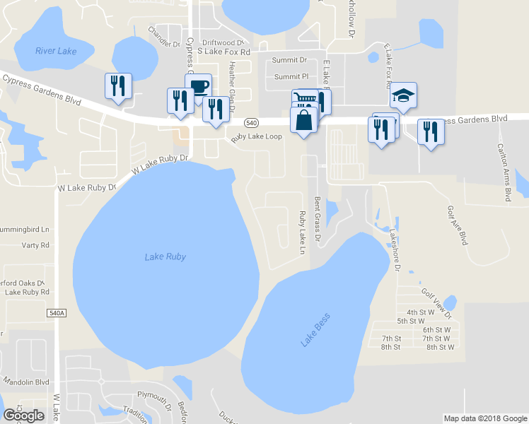 map of restaurants, bars, coffee shops, grocery stores, and more near 400 Ruby Lake Place in Winter Haven
