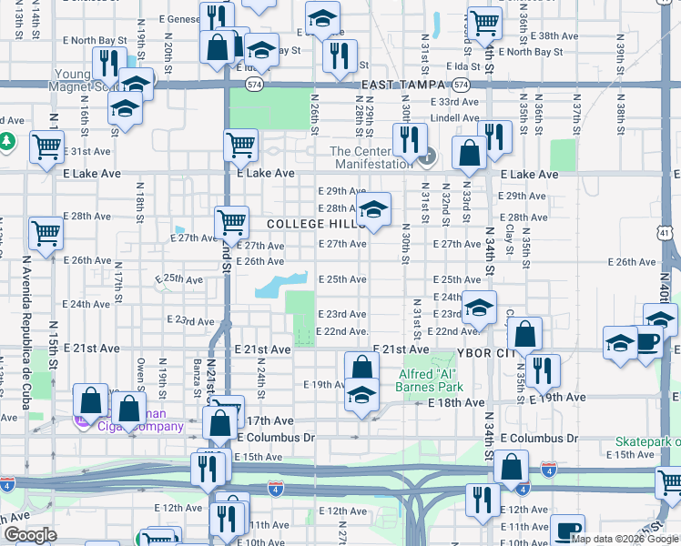 map of restaurants, bars, coffee shops, grocery stores, and more near 2704 East 25th Avenue in Tampa