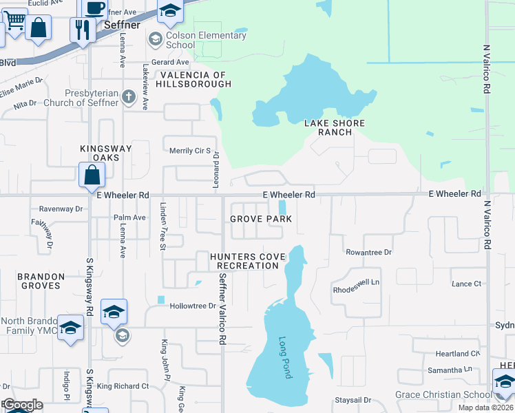 map of restaurants, bars, coffee shops, grocery stores, and more near 2603 Amberly Place in Seffner