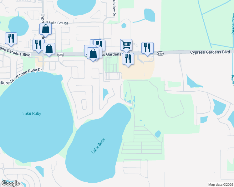map of restaurants, bars, coffee shops, grocery stores, and more near 7380 Bent Grass Boulevard in Winter Haven