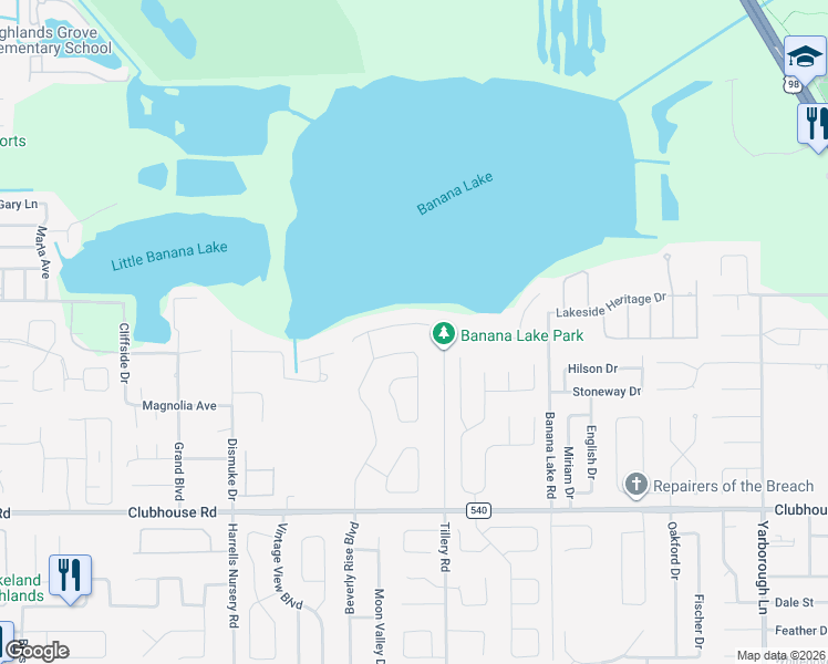 map of restaurants, bars, coffee shops, grocery stores, and more near 3139 Highlands By The Lake Way in Lakeland