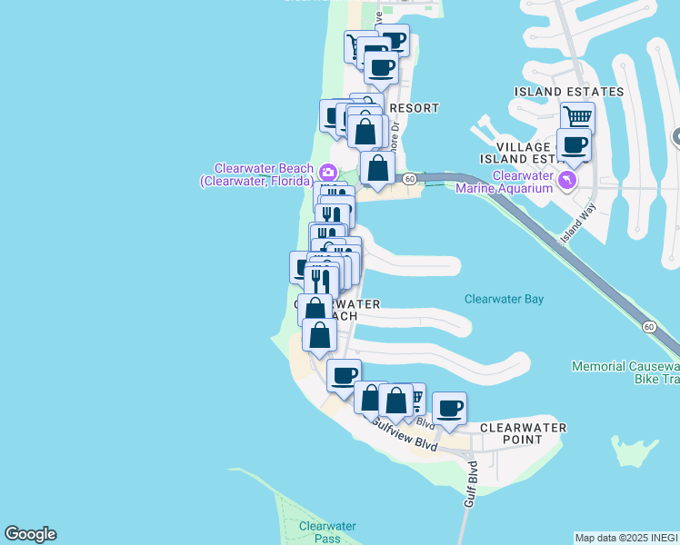 map of restaurants, bars, coffee shops, grocery stores, and more near 300 Coronado Drive in Clearwater